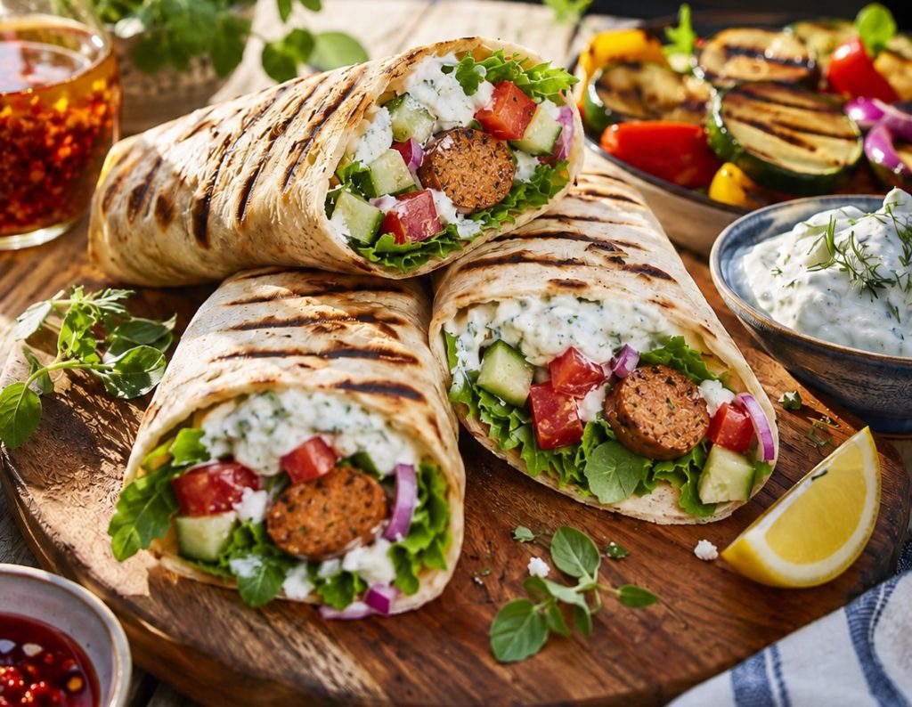 Mediterrán vegán grill wrap csicseriborsó kolbásszal és tzatzikivel